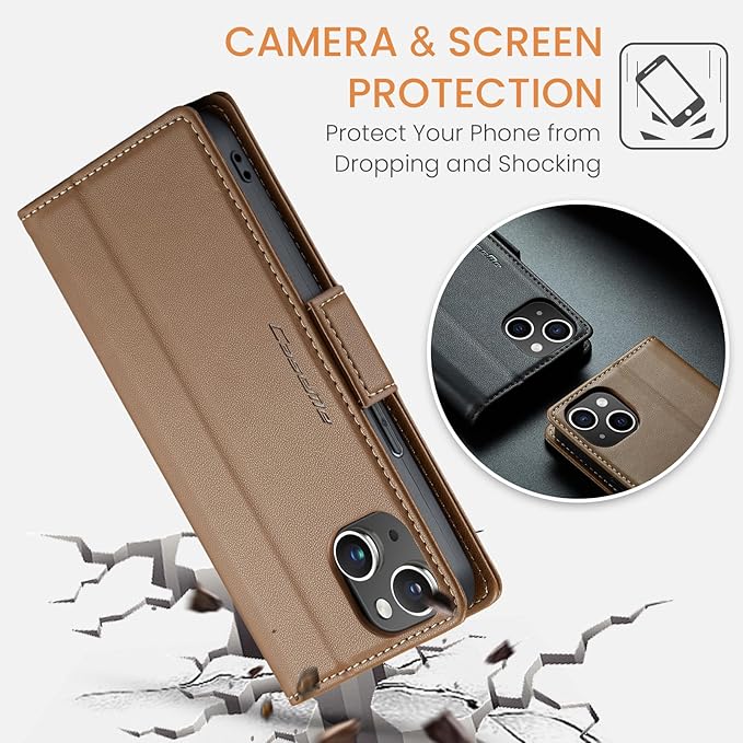 for iPhone 13 Case, Premium PU Leather Wallet Case Flip Cover with [RFID Blocking][Card Holder][Stand Function] Shockproof Protective for iPhone 13 6.1 inch, Brown