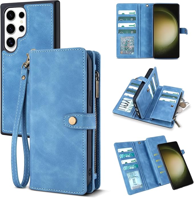 TwoHead for Samsung Galaxy S23 Ultra Wallet Case with Card Holder & Detachable Magnetic Phone Case for Galaxy S23 Ultra,PU Leather Shockproof Protective Phone Cover Wallet(6.8 in,Sky Blue)