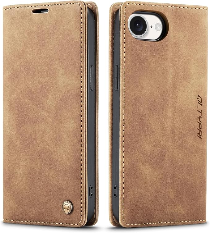 QLTYPRI Case for iPhone 16e, Vintage PU Leather Wallet Case Card Slot Kickstand Magnetic Closure Shockproof Flip Folio Cover for iPhone 16e - Brown