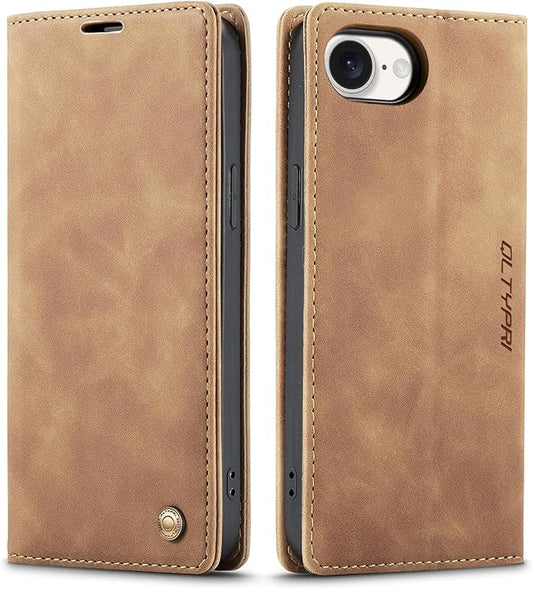 QLTYPRI Case for iPhone 16e, Vintage PU Leather Wallet Case Card Slot Kickstand Magnetic Closure Shockproof Flip Folio Cover for iPhone 16e - Brown