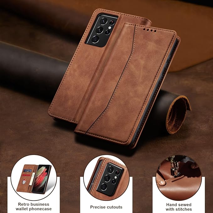 Jasonyu Flip Wallet Case for Samsung Galaxy S21 Ultra 5G,Leather Magnetic Folio Cover with Card Holder,Kickstand - TPU Shockproof Durable Protective Phone Case,Brown