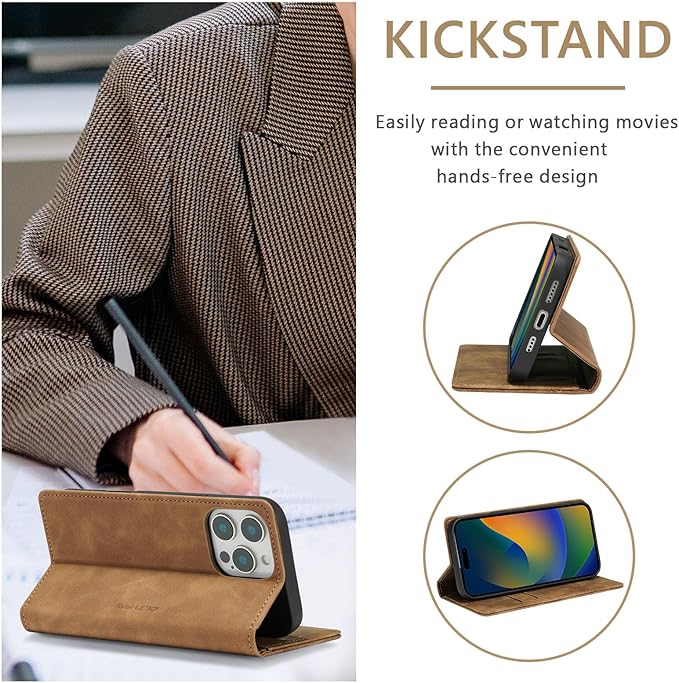 QLTYPRI for iPhone 16 Pro Case Wallet with Card Holder, Vintage PU Leather Kickstand Magnetic Closure Shockproof Folio Book Cover Case for iPhone 16 Pro - Retro Brown