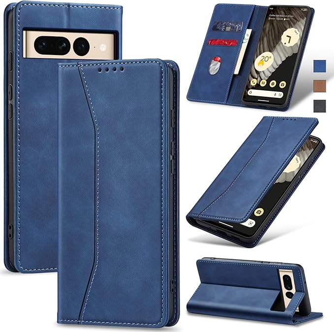 Jasonyu Flip Wallet Case for Google Pixel 7 Pro 5G,Leather Magnetic Folio Cover with Card Holder,Kickstand - TPU Shockproof Durable Protective Phone Case,Blue