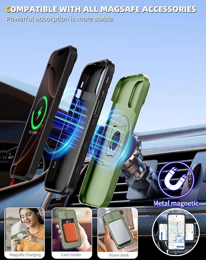 for iPhone 16 Pro Max Case Magnetic Compatible with MagSafe Wireless Charging with 2 Screen Protectors,Built-in Kickstand Ring Camera Heavy Duty Protection Military Grade Drop Shockproof Green