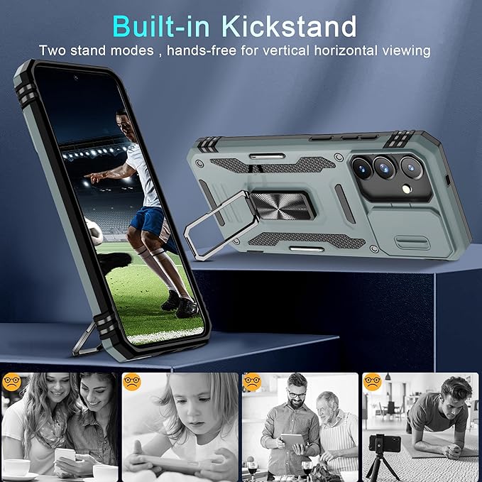 DEERLAMN Case for Samsung Galaxy S25 FE 6.7-Inch with Slide Camera Cover+Screen Protector(1 Pack), Rotated Ring Kickstand Military Grade Shockproof Protective Cover-Grey