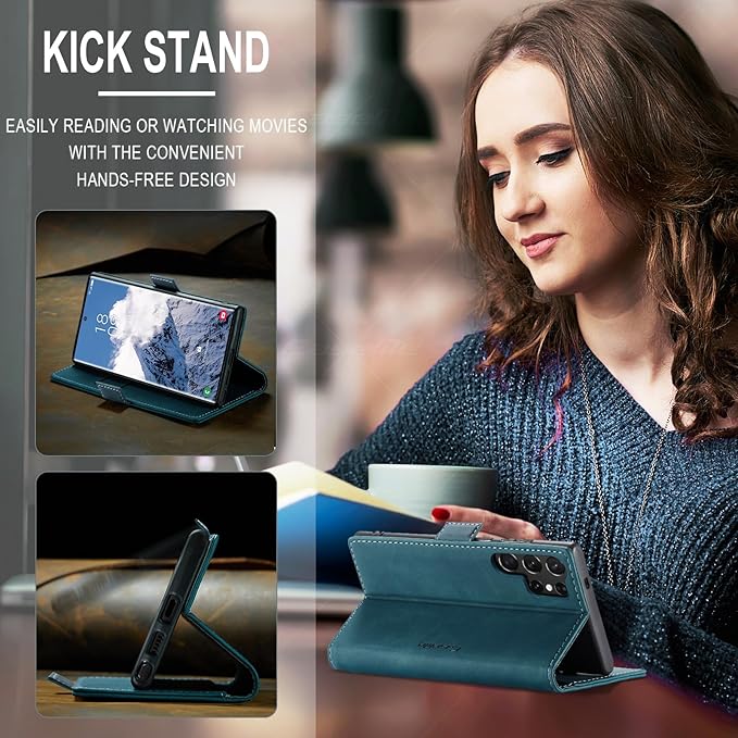 for Samsung Galaxy S25 Ultra Case, Flip Wallet Leather Case with Card Holder Magnetic Closure Shockproof Kickstand Protective Phone Cases Cover for Galaxy S25 Ultra, Blue-Green