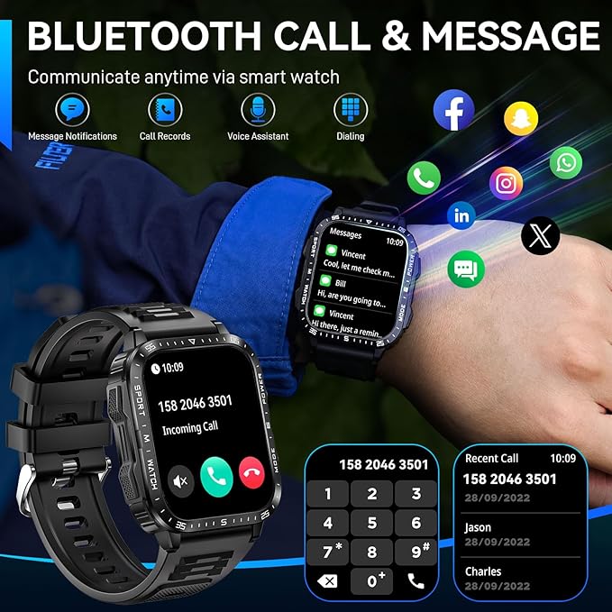 Military Smart Watch for Men with LED Flashlight Watch 2.0'' Big Screen Tactical Smartwatch 430mAh Big Battery Fitness Tracker with Heart Rate Sleep Monitor for iPhone Android