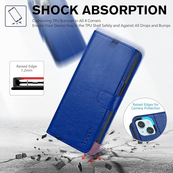 TUCCH Wallet Case for iPhone 15 6.1-inch 5G, [TPU Shockproof Inner Shell] PU Leather [RFID Blocking] 4 Credit Card Holder Magnetic Kickstand Flip Cover Compatible with iPhone 15 6.1" 2023, Klein Blue