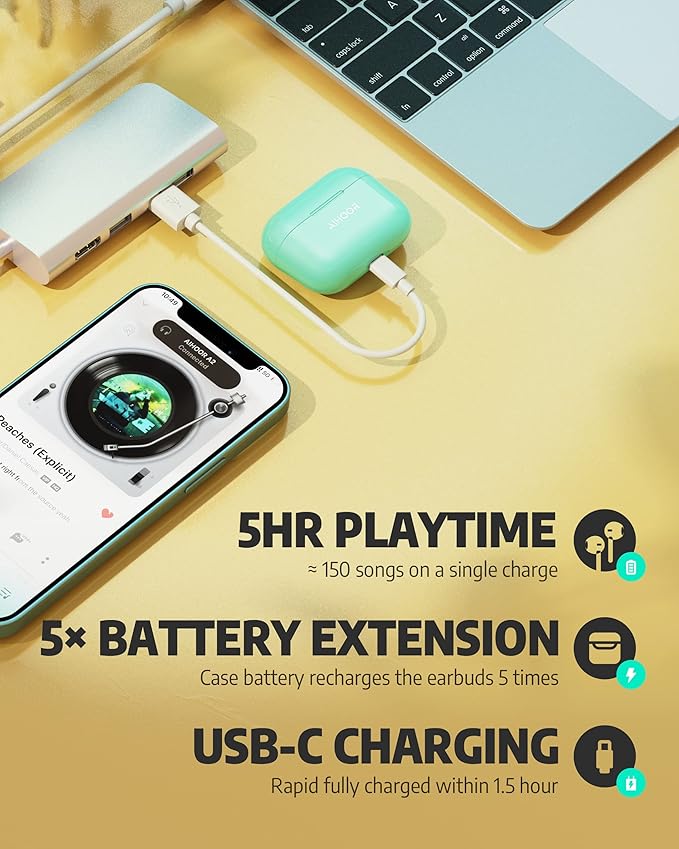 AIHOOR Wireless Earbuds for Music and Sports, Bluetooth 5.3 in-Ear Headphones with Extra Bass Built-in Mic Touch Control 30hr Battery Earphones, Waterproof (Tiffany)