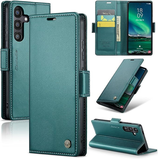 AUPAI for Samsung Galaxy S24 Wallet Case with Credit Card Holder, PU Leather RFID Blocking Folio Flip Kickstand Magnetic Clasp Protective Phone case for Women Men Cyan