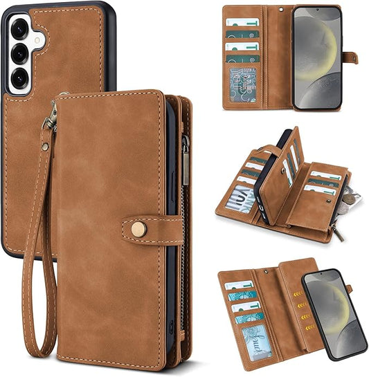 TwoHead for Samsung Galaxy S24 Wallet Case with Card Holder,Detachable Magnetic Phone Case for Galaxy S24,PU Leather Shockproof Protective Phone Cover Wallet with Wrist Strap(6.1 in,Brown)