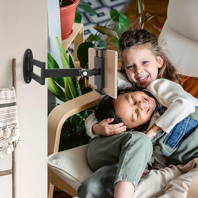 Tablet Wall Mount with Adjustable Long Arm Hinge 360° Swivel Bracket for 4.7 to 12.9 inch Tablet or Phone（Black）