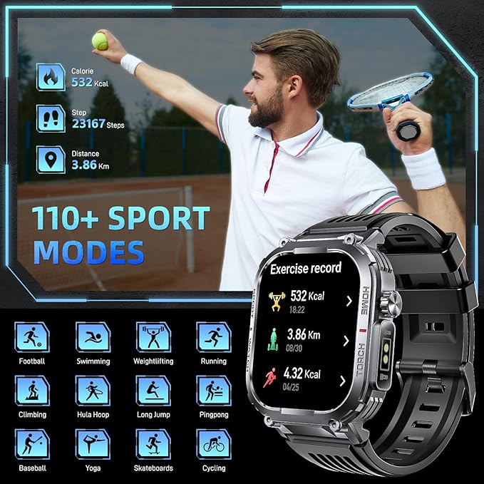Military Smart Watches for Men with LED Flashlight Compass (Answer/Make Call) 2.02" Screen Waterproof Smartwatch with Sport Modes Health Monitor 400mAh Rugged Smartwatch for iPhone Android (2 Straps)