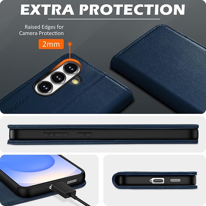 SHIELDON Case for Galaxy S25 FE 6.7" 5G, Genuine Leather Folio Wallet Case Magnetic Kickstand RFID Blocking Card Slots Shockproof Protective Cover Compatible with Galaxy S25 FE 2025 - Nappa Navy Blue