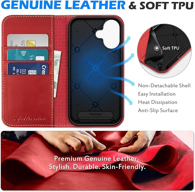 SHIELDON Case for iPhone 16 5G 2024, Genuine Leather Foldable Wallet Case Magnetic Closure Kickstand RFID Blocking Card Holder Shock-Absorbent Phone Cover Compatible with iPhone 16 6.1" - Retro Red