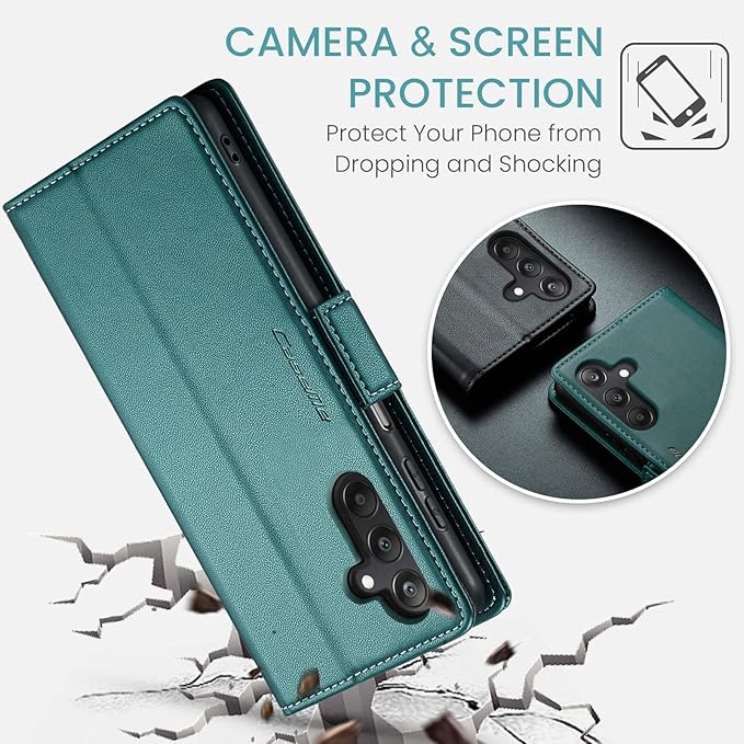 for Samsung Galaxy A25 5G Case, Premium PU Leather Wallet Case Flip Cover with [RFID Blocking][Card Holder][Stand Function] Shockproof Protective for Samsung Galaxy A25, Blue-Green