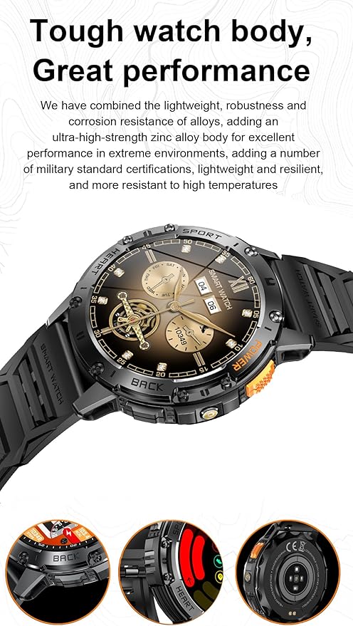 1.43" Amoled Ultra Military Smart Watch for Men(Answer/Dial Calls) 100+Sports Modes,5ATM Waterproof 530mAh Large Battery Super Long Standby with LED Flashlight,Heart Rate,SpO2,BP Android iOS