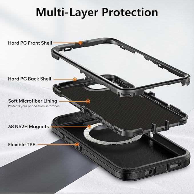 for iPhone 16e Case with Belt Clip Holster, Anti-Shock, Anti-Slip, Compatible with MagSafe, 3-Layer Drop Protection, Heavy Duty Magnetic Phone Case Cover for 16e, 6.1", Black