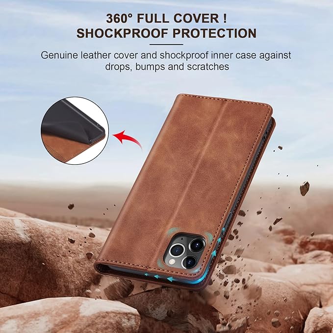 Jasonyu Flip Wallet Case for iPhone 11 Pro Max,Leather Magnetic Folio Cover with Card Holder,Kickstand - TPU Shockproof Durable Protective Phone Case,Brown