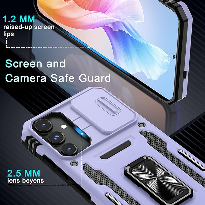 DEERLAMN Case for Samsung Galaxy S24+ Plus with Slide Camera Cover+Screen Protector (1 Pack), Rotated Ring Kickstand Military Grade Shockproof Protective Cover-Light Purple