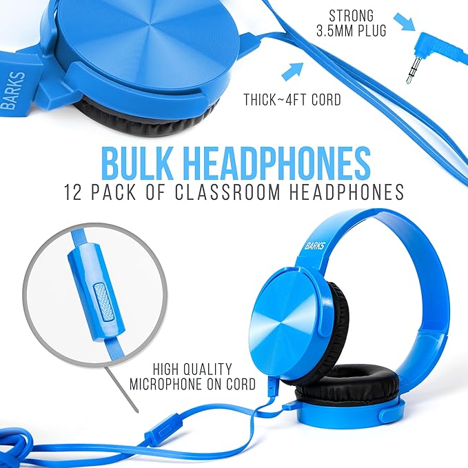 Barks Classroom Headphones with Microphone (12 Pack, Blue) - Upgraded On-Ear Bulk Headphones for Classroom: Best for Students K-12 Schools (Inline Microphone, Good Recording Quality, Durable)