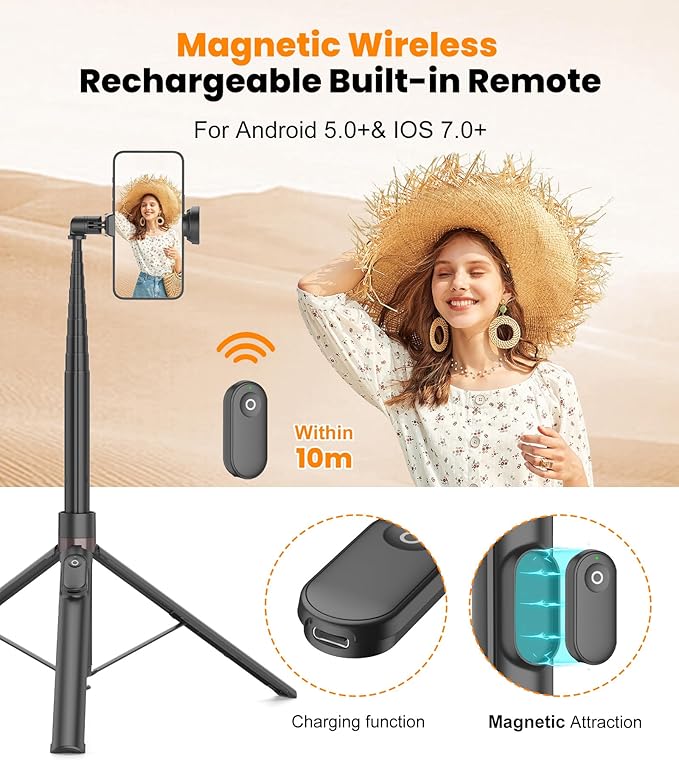 TONEOF 70" Automatic Phone Tripod with Magnetic Rechargable Remote,Selfie Stick 360° Vertical & Horizontal Rotatable,Stable for iPhone/Android(Black)