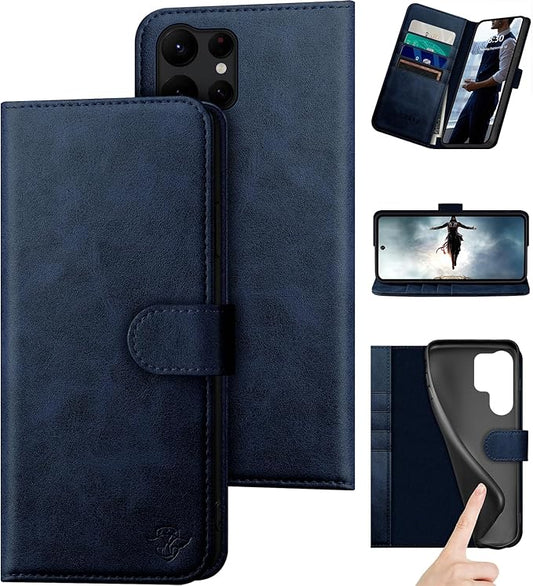Compatible with Samsung Galaxy S25 Ultra Genuine Leather Wallet case【RFID Blocking】【4 Credit Card Holder】【Real Leather】 Flip Folio Book Phone case Cover Women Men for S25 Ultra case Dark Blue