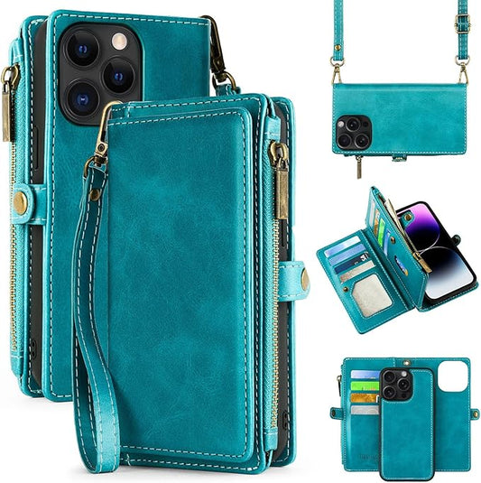 MInCYB Case Wallet for Samsung Galaxy S22 Ultra, Zipper Leather Flip Case with RFID Blocking Cards Holder Slots Wristlet Strap Purse, Detachable Magnetic Folio Cover for Galaxy S22 Ultra 6.8" - Blue