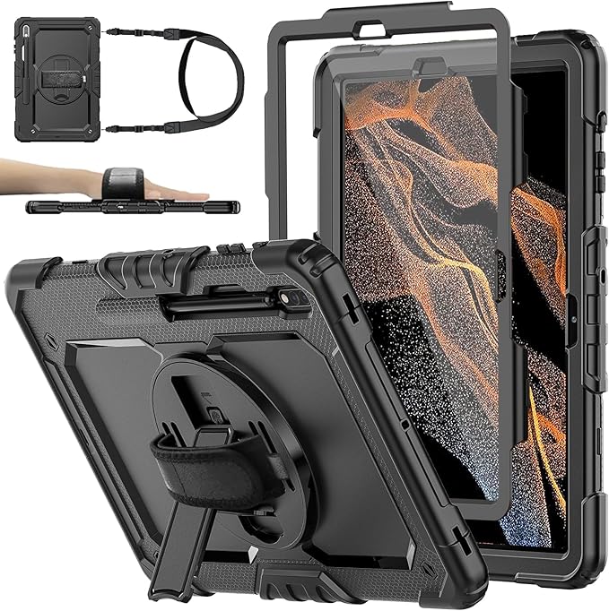 Case for Samsung Galaxy Tab S8 Plus 2022/S7 FE/S7 Plus 5G 12.4-inch Tablet Case Protective [with Screen Protector], Rotatable Kickstand, S Pen Holder, Hand/Shoulder Strap (Black)