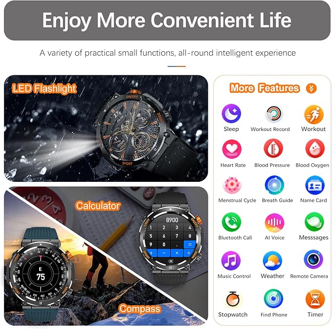 Military Smart Watch for Men with LED Flashlight Compass, Activity Tracker with 110+ Sports Mode Heart Rate Blood Pressure SpO2 Sleep Monitor, 1.46" HD Rugged Bluetooth Smartwatch for Android iOS