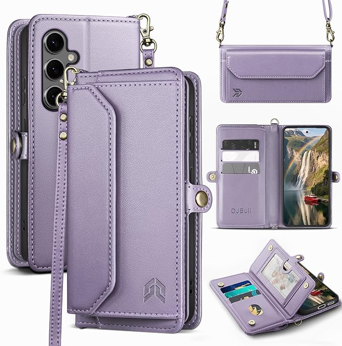 DJBull for Samsung Galaxy S25 Wallet Case with Card Holder, Shoulder and Wristlet Straps, Soft PU Leather, Magnetic Snap, Flip Phone Case for Women Men for Samsung S25 Light Purple