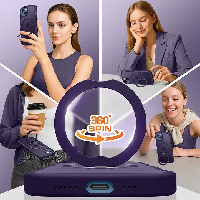 for iPhone 13 Case & iPhone 14 Case for Women,[Compatible with Magsafe][360° Spin Magnetic Stand][Cute Wave Edge][Military-Grade Protection]Translucent Matte Phone case for iPhone 13/14, Dark Purple