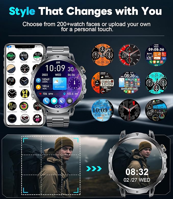Military Smartwatch for Men(Answer/Make Calls),1000mAh Battery 1.85” HD Display Fitness Tracker with 100+ Sports Modes/Heart Rate Monitor LED Flashlight IP68 Waterproof for Android iOS