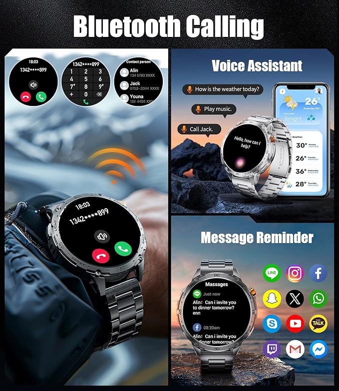 LIGE 1.75" Super Large AMOLED Round Smart Watches for Men with LED Flashlights, Outdoor Military Smartwatch for Android iOS, 100+ Sports, IP68 Waterproof, 200+ Watch Faces, 730mAh, Silver Metal Strap