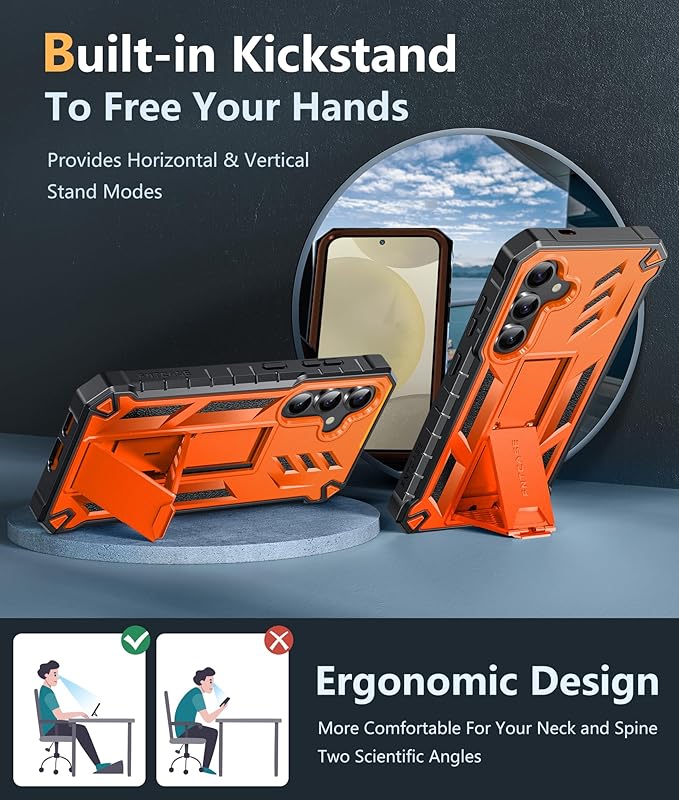 FNTCASE for Samsung Galaxy S24 Case: Military Grade Shockproof Protective Phone Cover with Kickstand | Rugged Full Drop Proof Protection | Dual Layer Matte Textured TPU Cases - 6.2 inches (Orange)