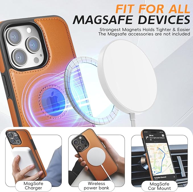 for iPhone 16 Pro Max Leather Wallet Case, Compatible with Magsafe, 2 in 1 Detachable Magnetic Card Holder, RFID Blocking Kickstand Credit Slots Flip Case for Men Women, Brown