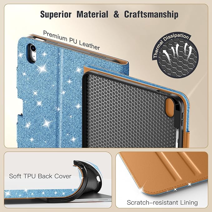 MoKo for iPad (A16) 11th Generation Case 11 inch 2025, iPad 10th Generation Case 10.9" 2022 with Pencil Holder & Pocket, Premium Leather Folio Stand Cover, Multiple Viewing Angles,Glitter Sky Blue