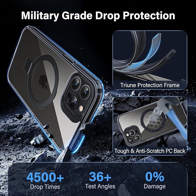 Magnetic Case for iPhone 15 Pro - [Built-in Invisible Stand] [Compatible with MagSafe] [Military Grade Drop Protection] Anti-Yellowing Hard Back Silicone Edge Cover, 6.1", Clear Black