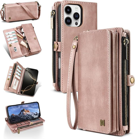 for iPhone 14 Pro Max Wallet Phone Case with 8 Card Holder,RFID Blocking | PU Leather | Kickstand | Flip | Wrist Strap&Shoulder Strap | Shockproof | Zipper Wallet | Women Men | 6.7" | Rose Gold