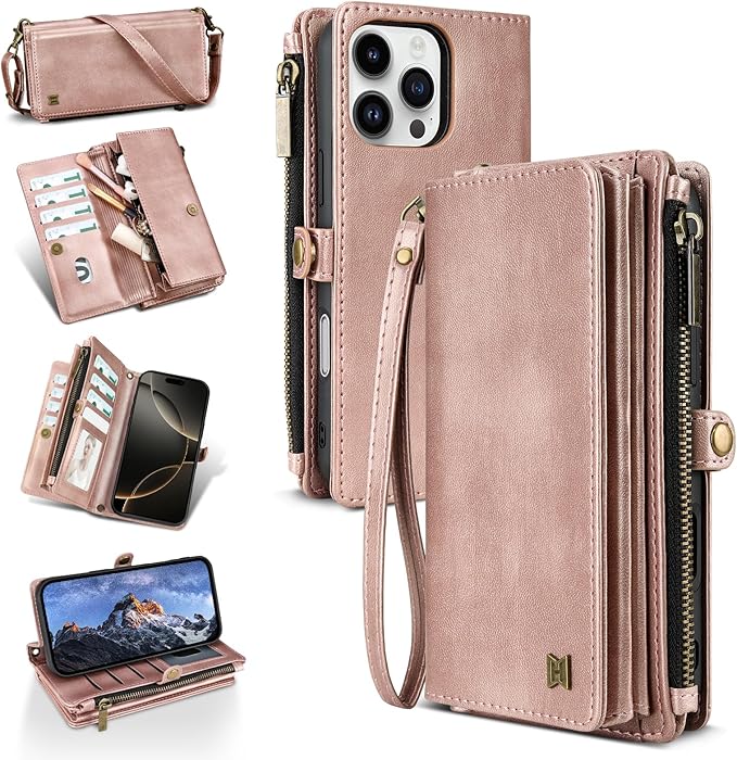for iPhone 15 Pro Max Wallet Phone Case with 8 Card Holder,RFID Blocking | PU Leather | Kickstand | Flip | Wrist Strap&Shoulder Strap | Shockproof | Zipper Wallet | Women Men | 6.7" | Rose Gold