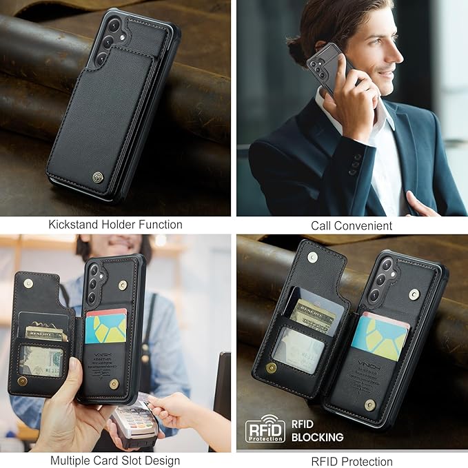 Vinich for Samsung Galaxy S25 Wallet Case with Card Holder, RFID Blocking Credit Slots Kickstand Shockproof Phone Cover for Women Men, Black