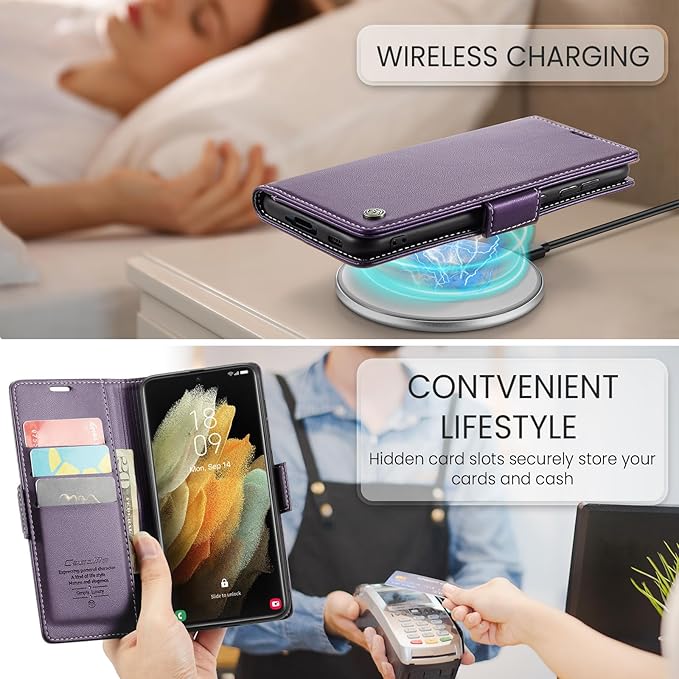 AUPAI for Samsung Galaxy S21 Ultra Wallet Case with Credit Card Holder, PU Leather RFID Blocking Folio Flip Kickstand Magnetic Clasp Protective Phone Cover for Women Men Purple