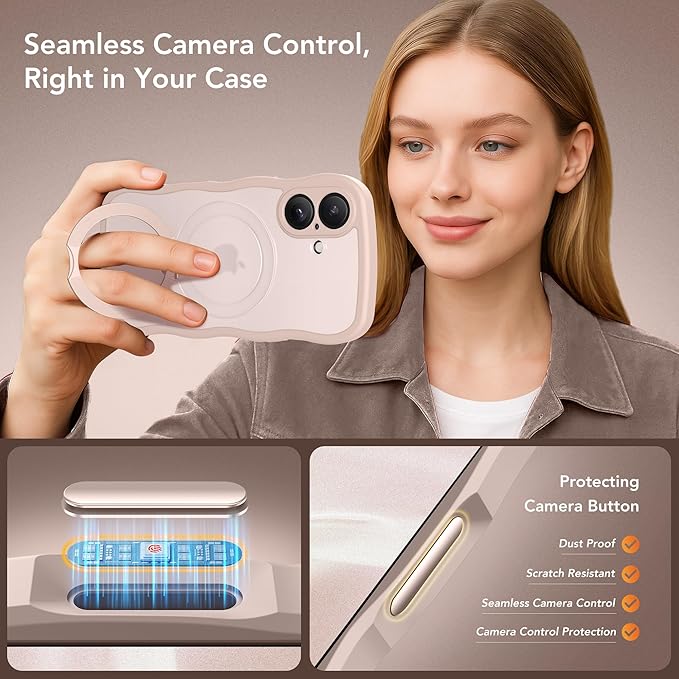 for iPhone 16 Plus Case,[Compatible with Magsafe][360° Spin Magnetic Stand][Military-Grade Protection][Camera Control][Cute Wave Edge] Translucent Matte Women Phone Cover for 16 Plus, Rose Gold