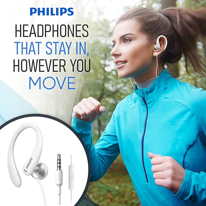 PHILIPS Over The Ear Earbuds, Flexible Wrap Around Earbuds, Around Ear Headphones with Mic Behind The Ear Headphones, Perfect for Sports, Running, Exercise, Gym (White)