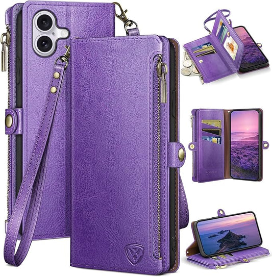 XcaseBar Compatible with iPhone 17 6.3" Wallet case with Zipper Credit Card Holder【RFID Blocking】,Flip Folio Book PU Leather Phone case Shockproof Cover Women Men for Apple 17 case Purple