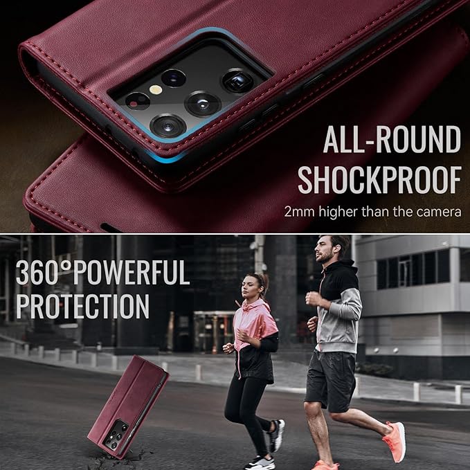 Wallet Case for Samsung Galaxy S21 Ultra Leather Wallet Flip Cover with Card Holder, Kickstand, Magnetic Closure, RFID Blocking TPU Shockproof Phone Case Compatible with S21 Ultra, Red