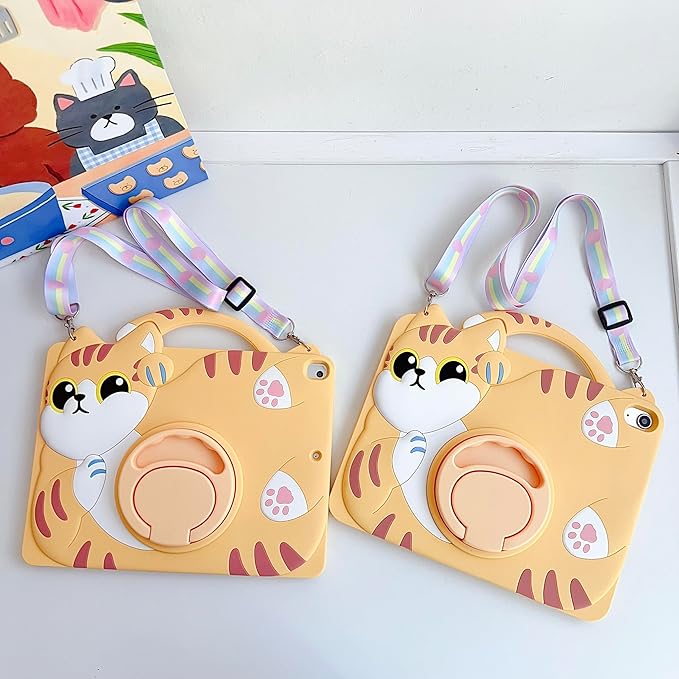 3D Cute Vivid Cat Case for Samsung Galaxy Tab A9+/A9 Plus 11 inch 2023 SM-X210/X216/X218,Kawaii Cartoon Character Pretty Cat Soft Silicone Rotating Stand Case with Lanyard for Kids Teens Girls Women