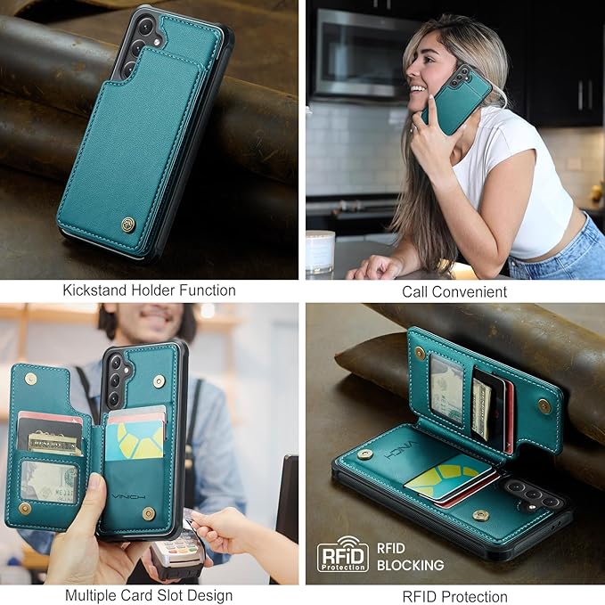 Vinich for Samsung Galaxy S24 FE Wallet Case with Card Holder, RFID Blocking Credit Slots Kickstand Shockproof Phone Cover for Women Men, Bluish Green