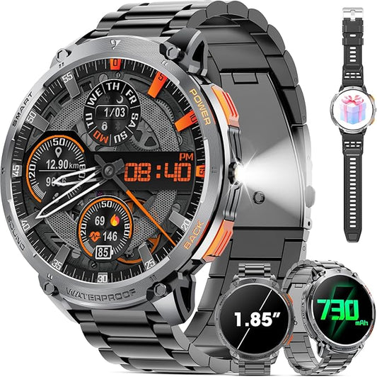 Military Smart Watch for Men 1.85" HD Touch Screen 730mAh Battery Smart Watches with LED Flashlight for Android iOS （Bluetooth Call Answer/Dial Calls） Fitness Tracker with Heart Rate Blood