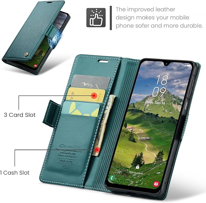 for Samsung Galaxy A26 5G Case, Premium PU Leather Wallet Case Flip Cover with [RFID Blocking][Card Holder][Stand Function] Shockproof Protective for Samsung Galaxy A26, Blue-Green